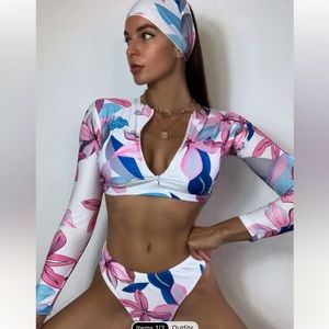3pack Floral Zip Front Bikini Swimsuit With Long Sleeve